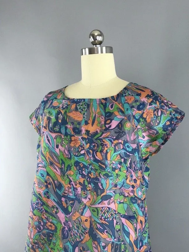 Silk Dress / Vintage Indian Silk Sari Dress / Blue Abstract Novelty Print  / XXS
