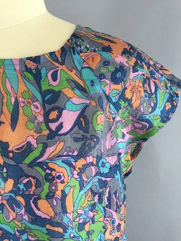 Silk Dress / Vintage Indian Silk Sari Dress / Blue Abstract Novelty Print  / XXS