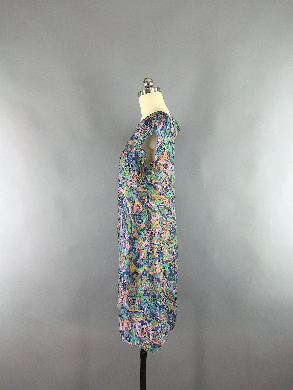 Silk Dress / Vintage Indian Silk Sari Dress / Blue Abstract Novelty Print  / XXS