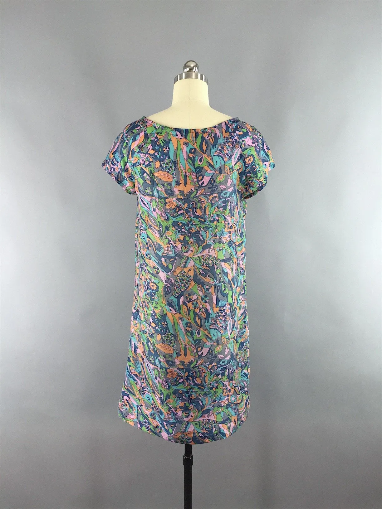 Silk Dress / Vintage Indian Silk Sari Dress / Blue Abstract Novelty Print  / XXS