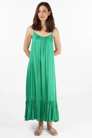 Silk Textured Strappy Tiered Maxi Dress in Bright Green