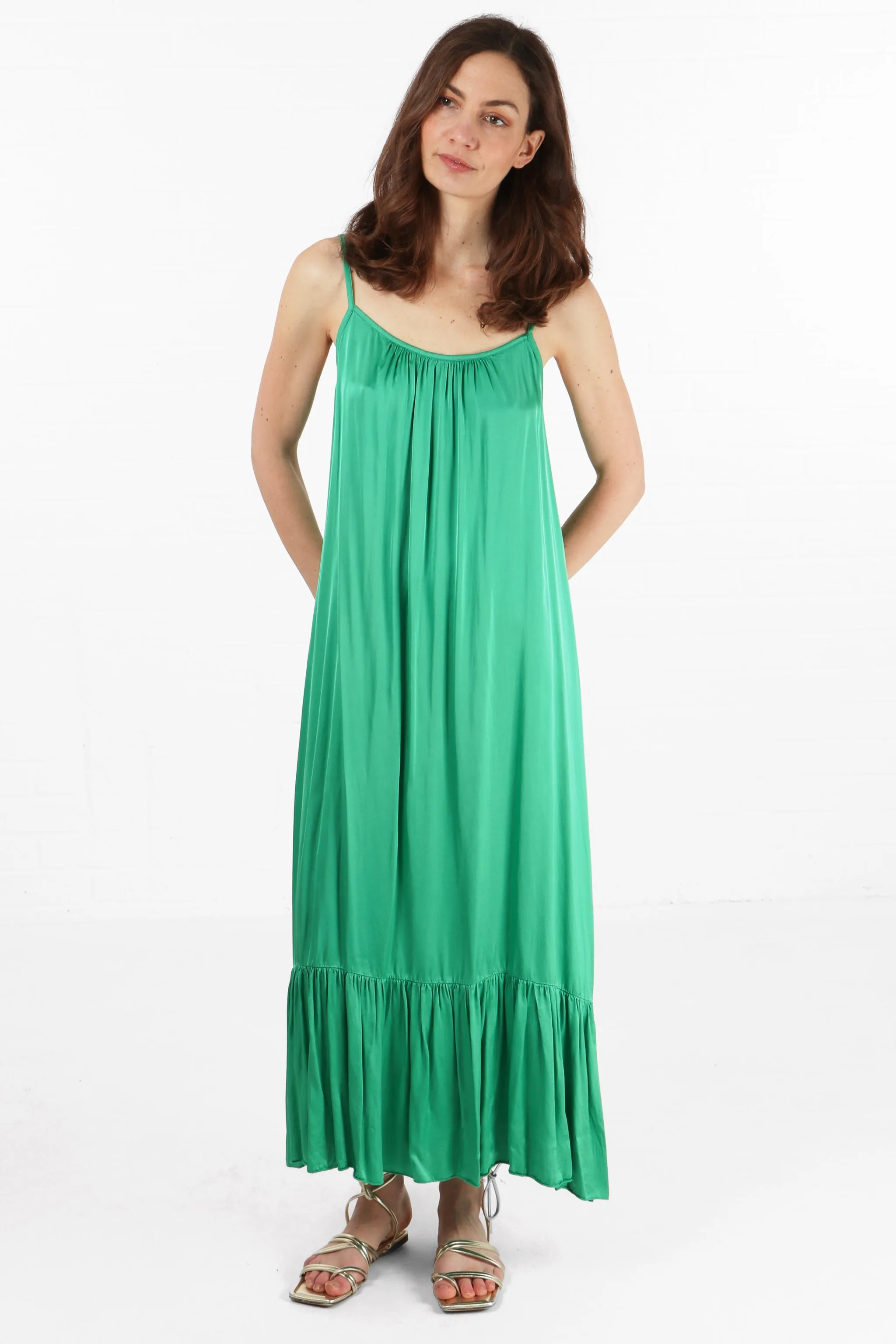 Silk Textured Strappy Tiered Maxi Dress in Bright Green