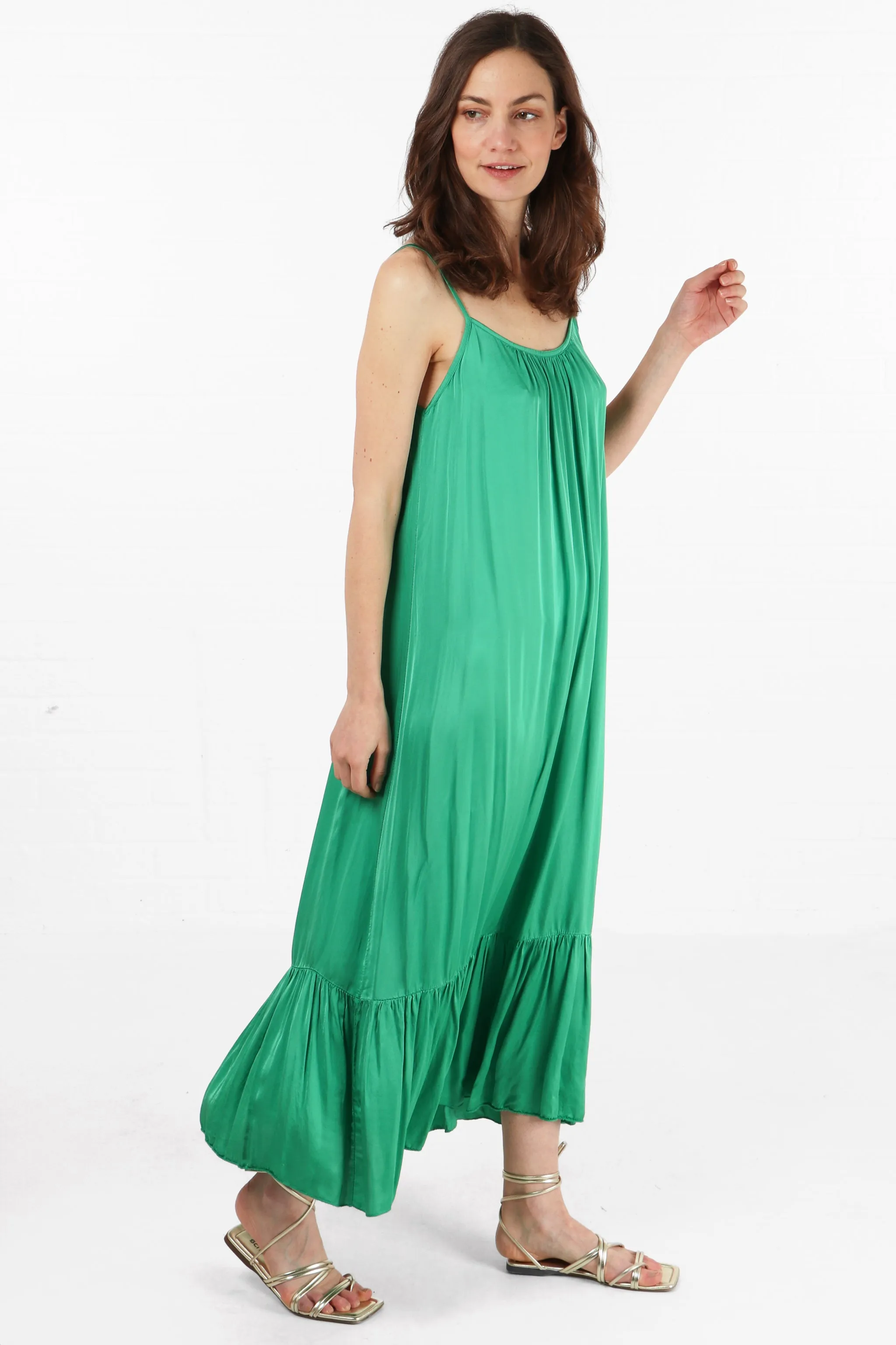 Silk Textured Strappy Tiered Maxi Dress in Bright Green