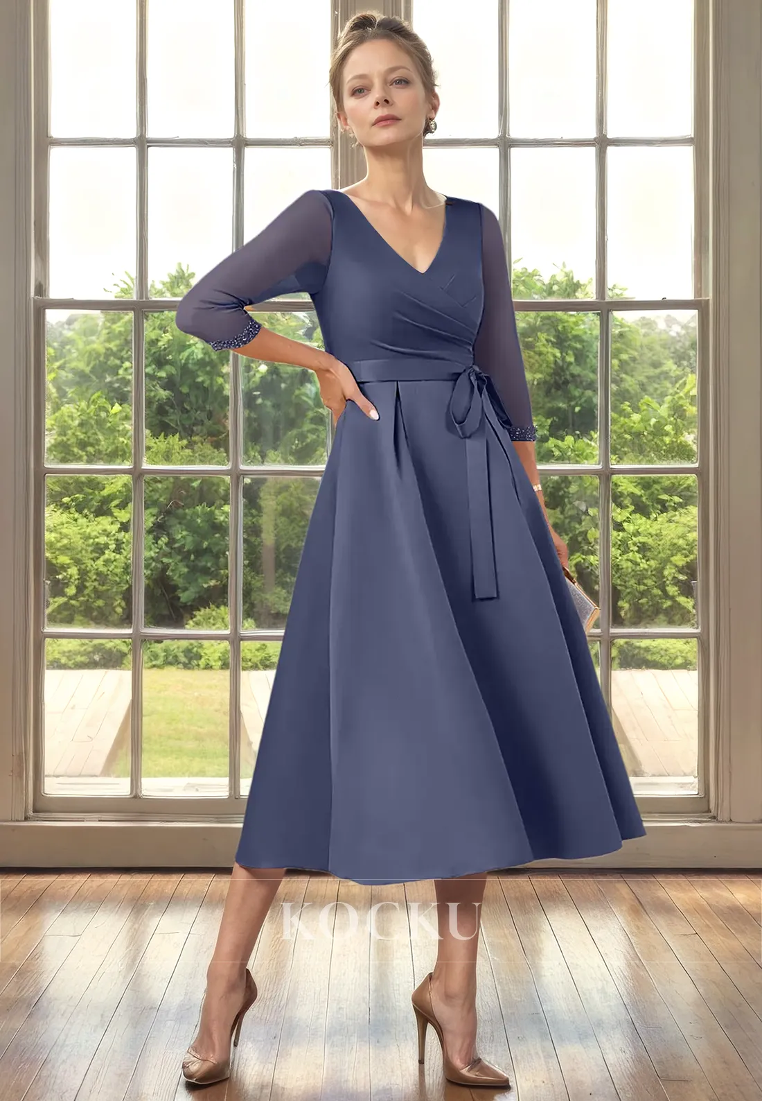 Simple & Casual V-Neck Long sleeves A-Line Belt Cocktail Mother of the Bride Dress