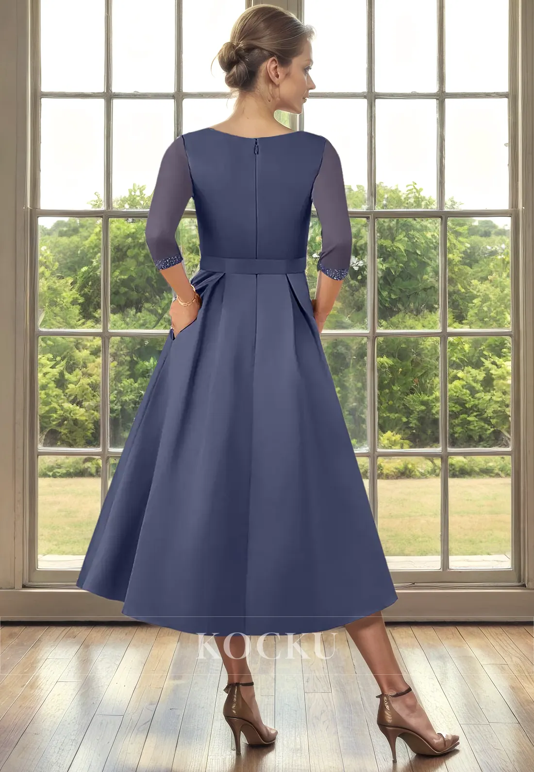 Simple & Casual V-Neck Long sleeves A-Line Belt Cocktail Mother of the Bride Dress