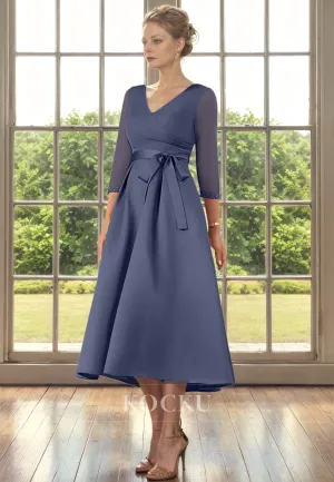 Simple & Casual V-Neck Long sleeves A-Line Belt Cocktail Mother of the Bride Dress