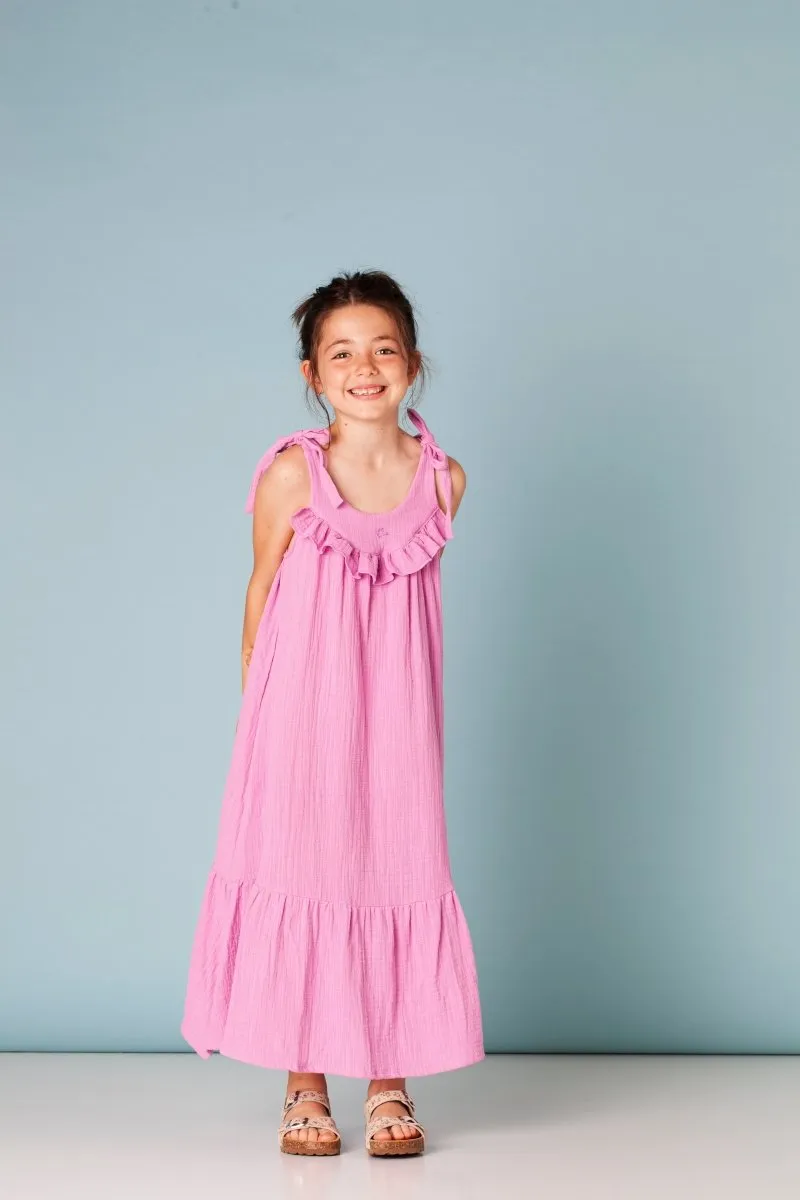 SOLID RUFFLE NECK LINEN MAXI DRESS