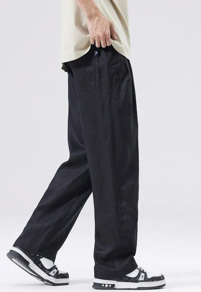 Straight Fit Elastic Waist Linen Trousers
