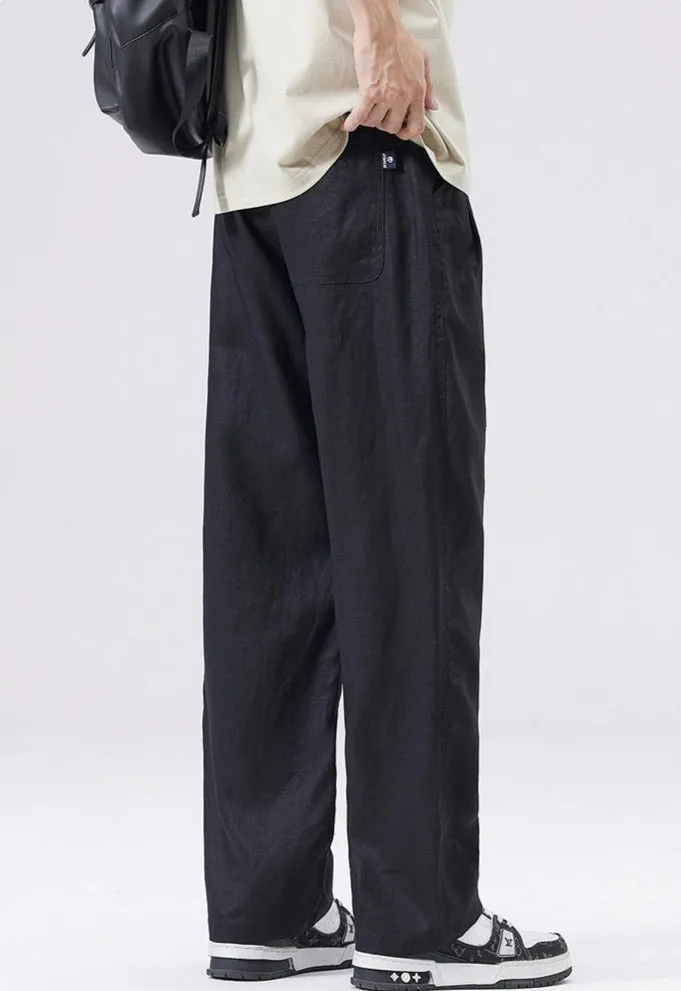 Straight Fit Elastic Waist Linen Trousers
