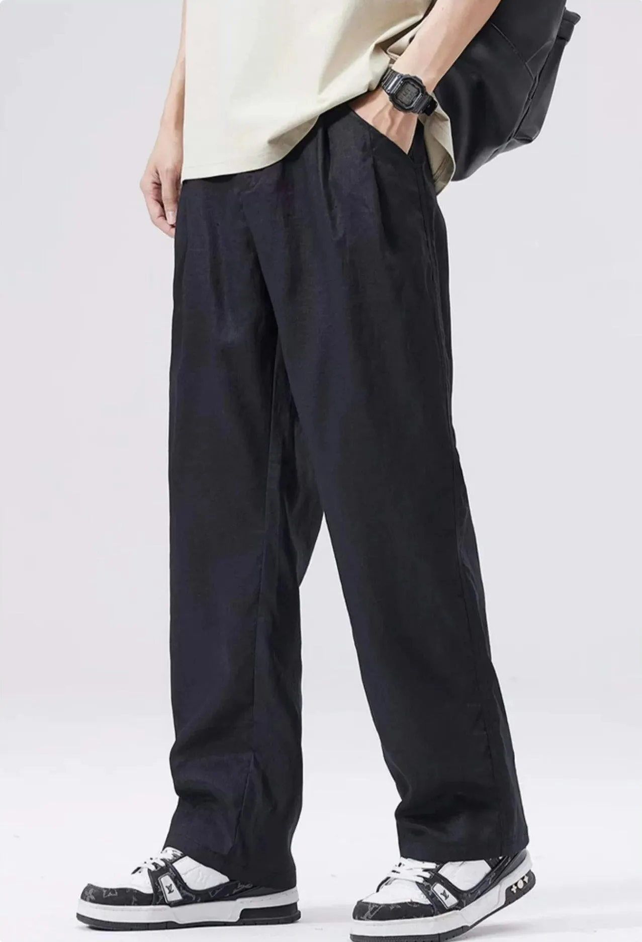 Straight Fit Elastic Waist Linen Trousers