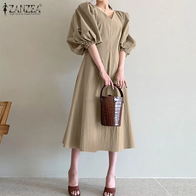Stylish V neck Dress Women's Summer Sundress ZANZEA Casual Puff Sleeve Mid-calf Vestido Female Solid Holiday Robe S4098767