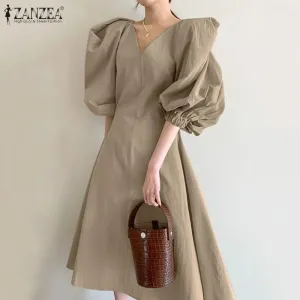 Stylish V neck Dress Women's Summer Sundress ZANZEA Casual Puff Sleeve Mid-calf Vestido Female Solid Holiday Robe S4098767