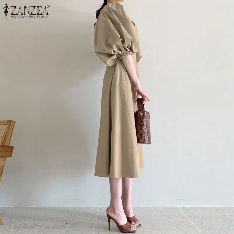 Stylish V neck Dress Women's Summer Sundress ZANZEA Casual Puff Sleeve Mid-calf Vestido Female Solid Holiday Robe S4098767