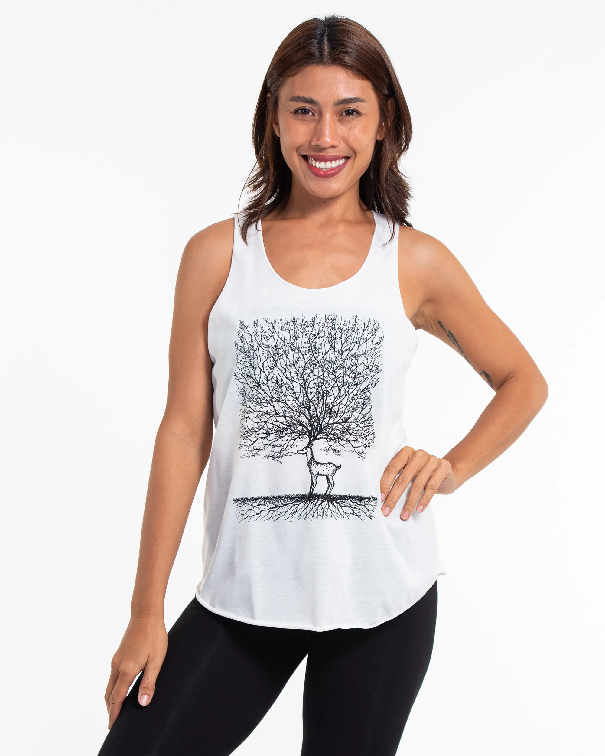 Super Soft Cotton Womens Bambi Tree Tank Top in White
