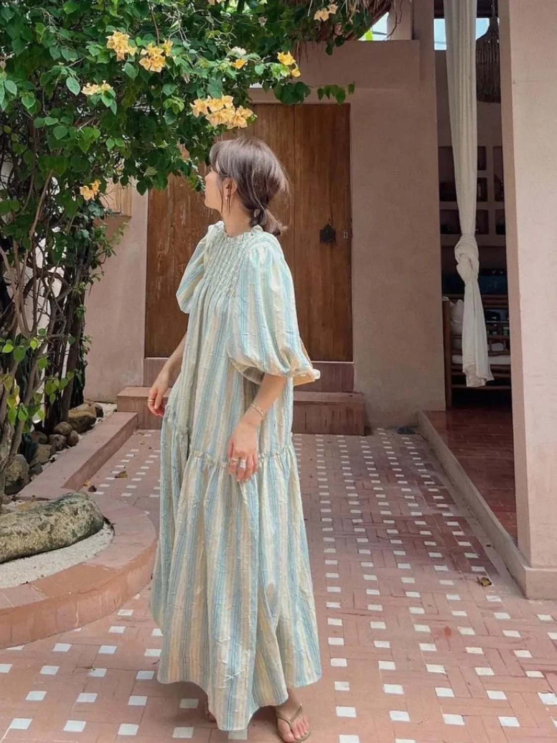 TAVIMART  -  Women's Summer Loose Striped Long Dress Stand Collar Wide Waist Pullover Maxi Holiday Sundress Female