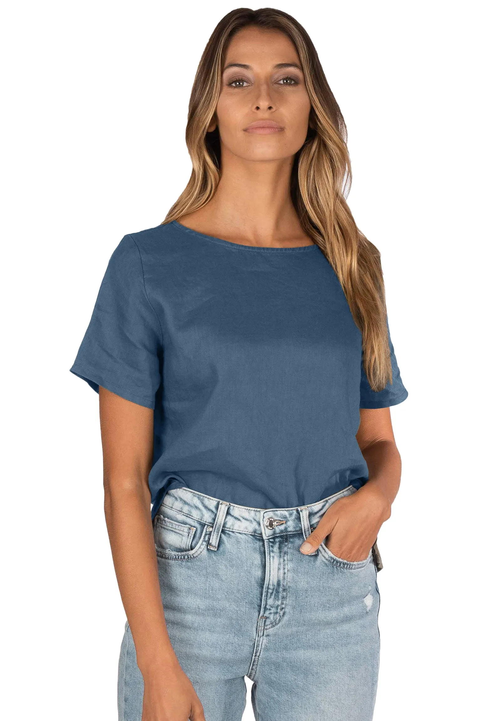 Teena-Linen Blue Sand Washed T-Shirt