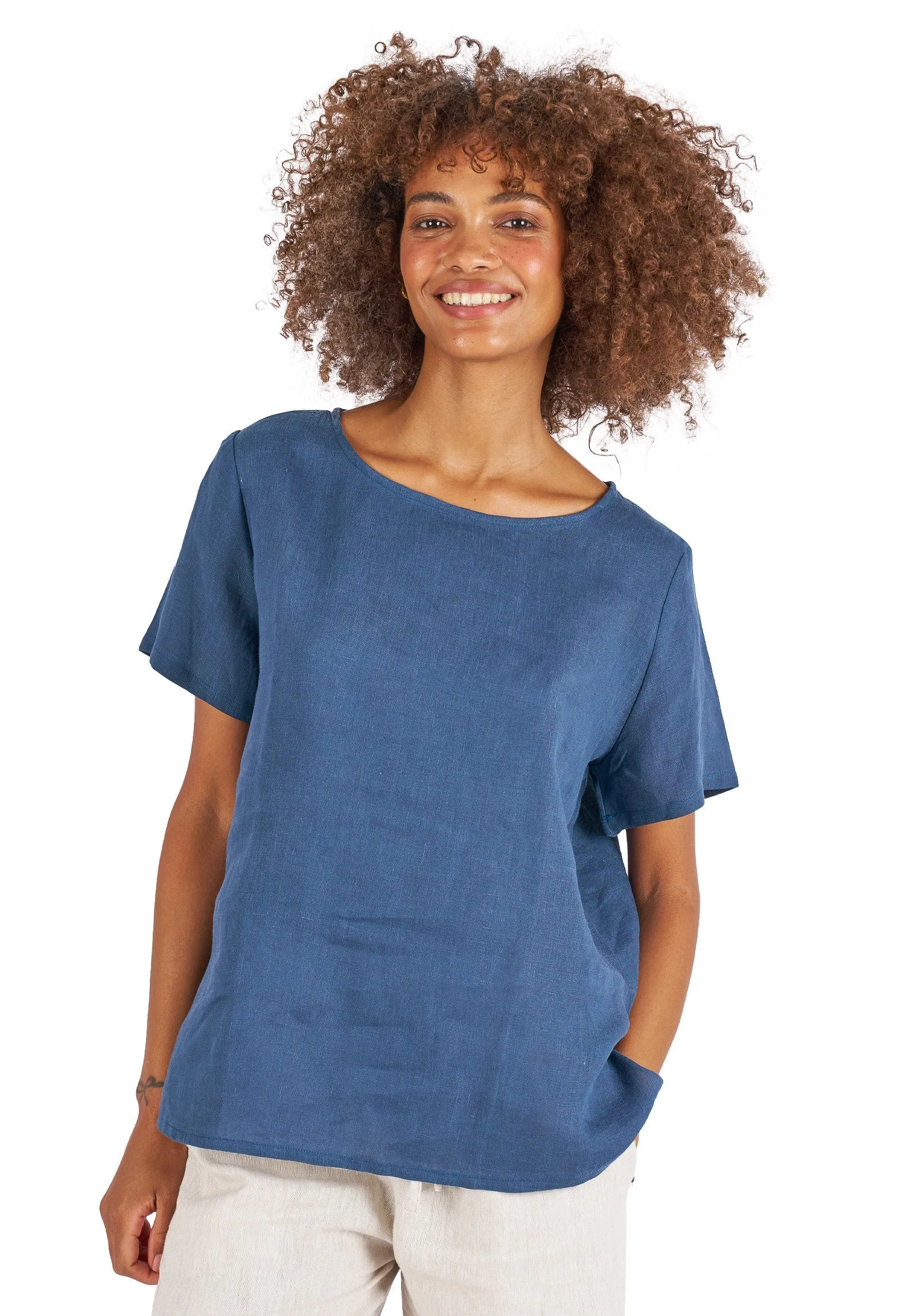 Teena-Linen Blue Sand Washed T-Shirt