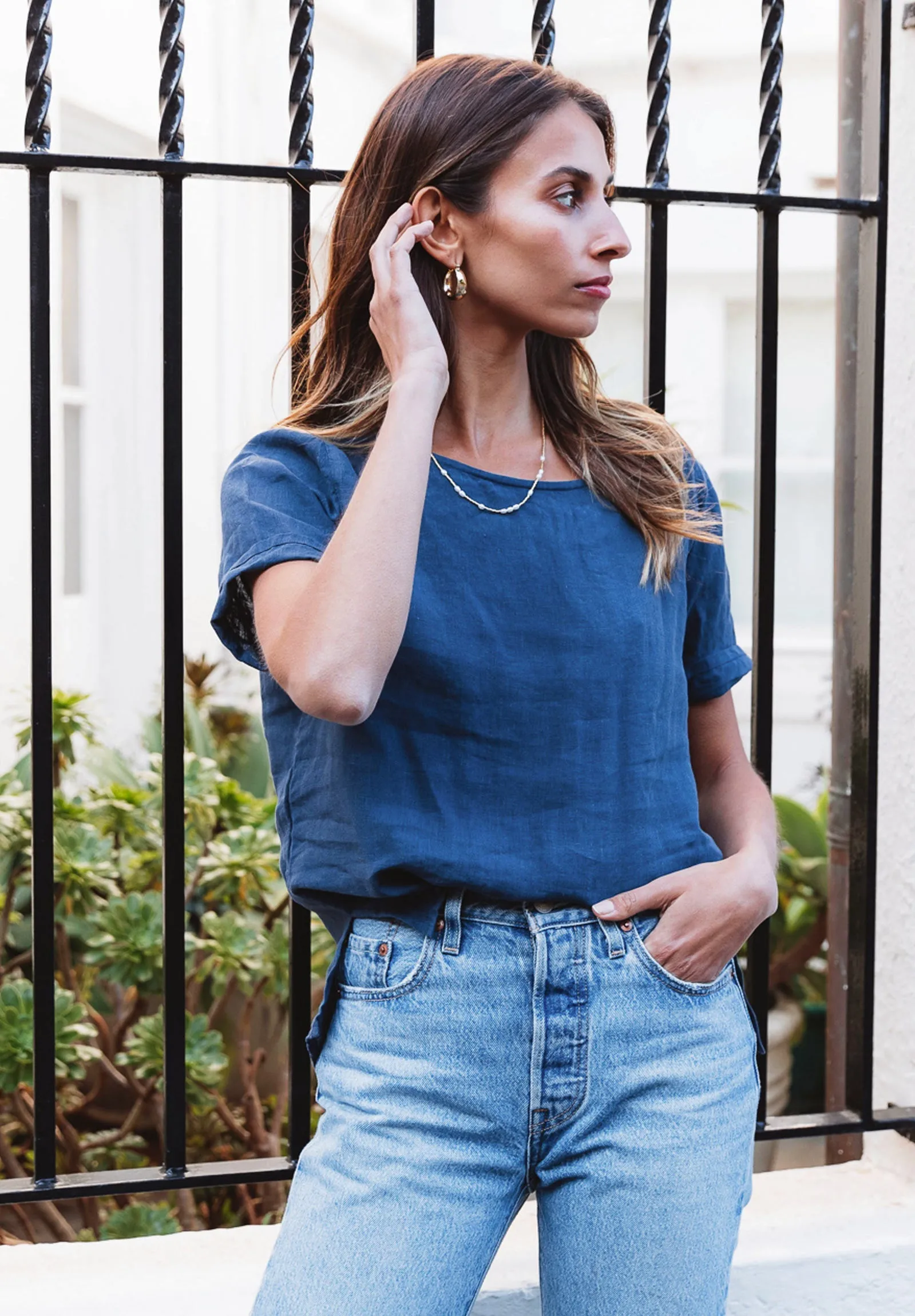 Teena-Linen Blue Sand Washed T-Shirt
