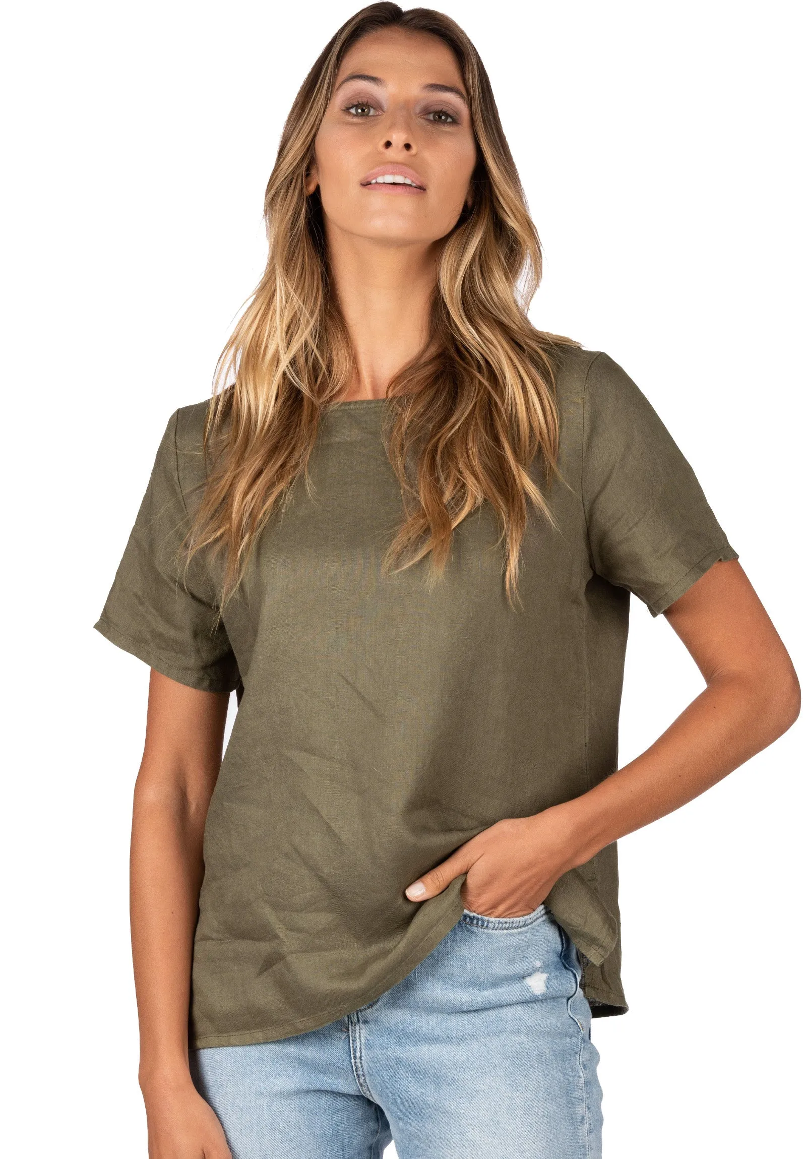 Teena-Linen Olive Green T-Shirt
