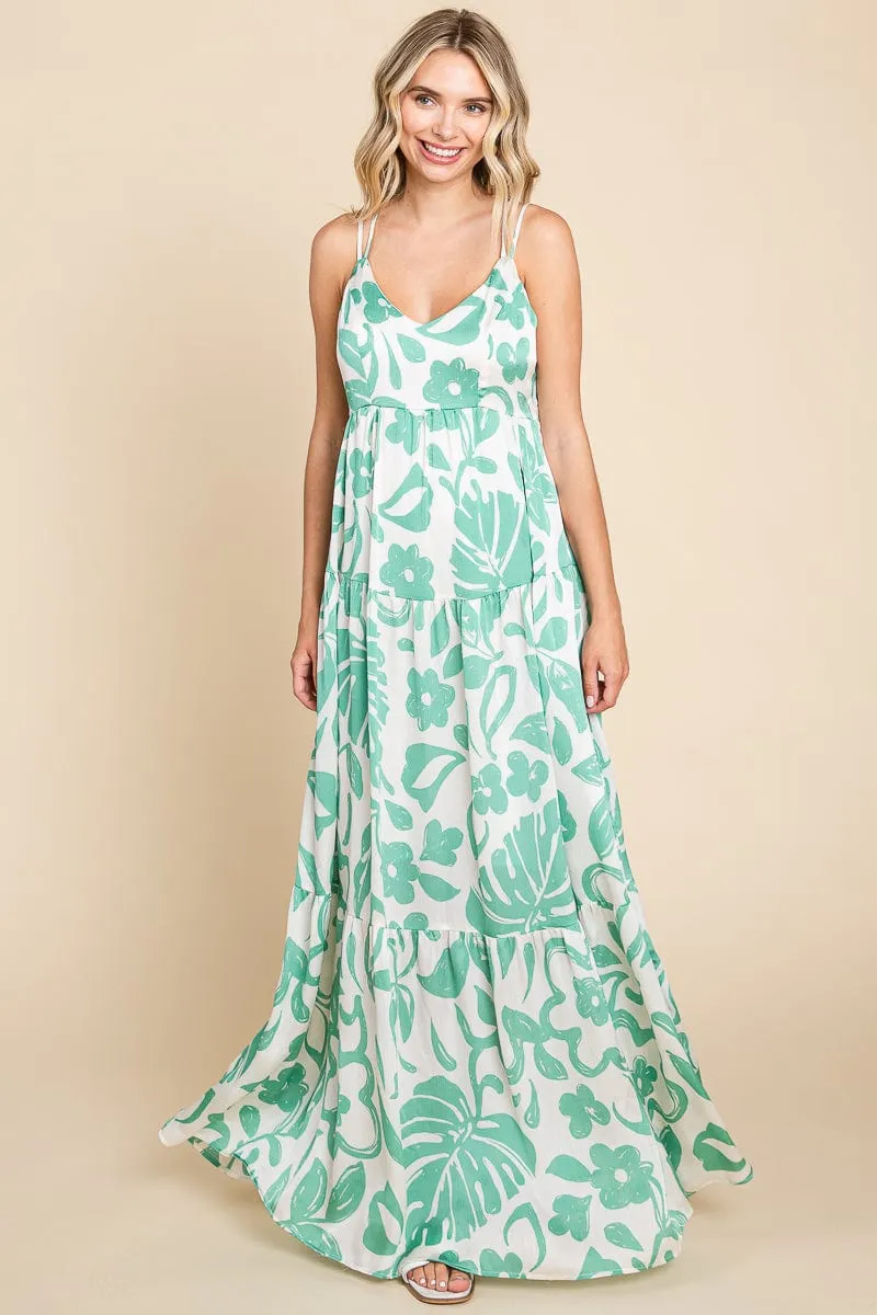 Tropical Print Tiered Satin Maxi Sundress