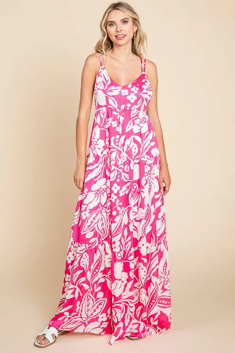 Tropical Print Tiered Satin Maxi Sundress