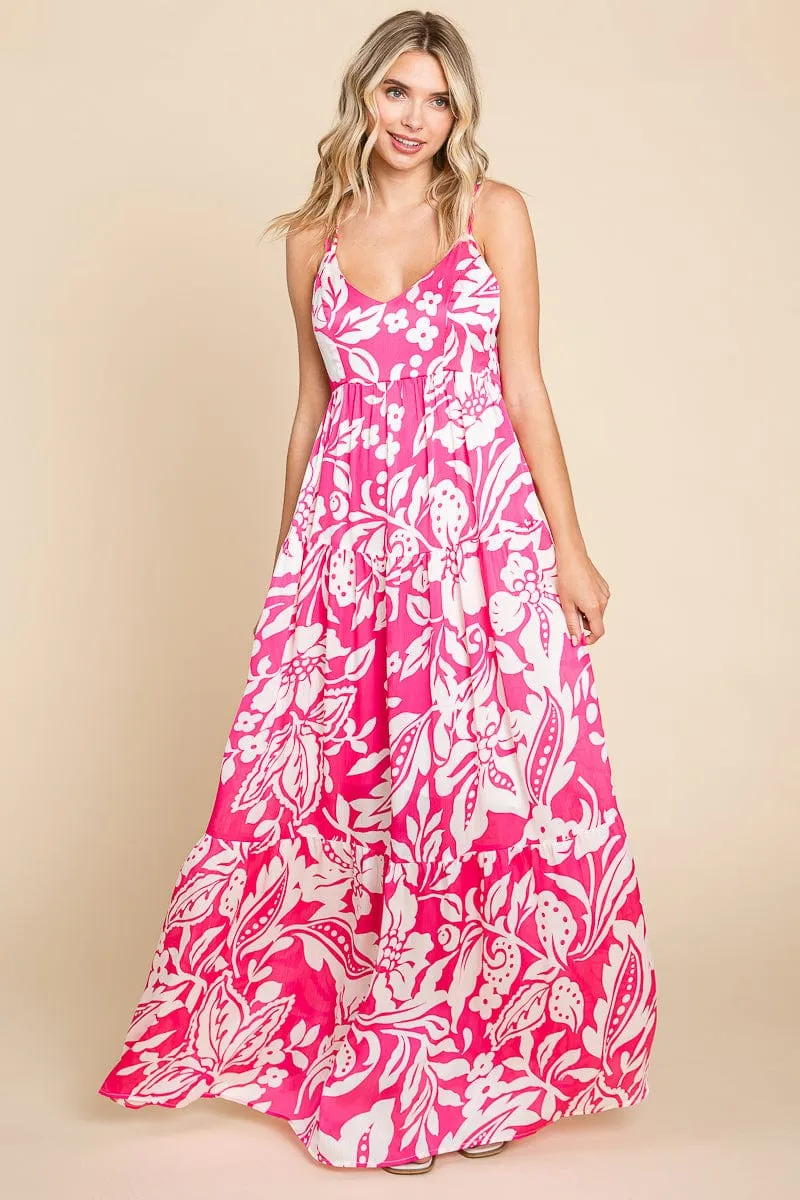 Tropical Print Tiered Satin Maxi Sundress