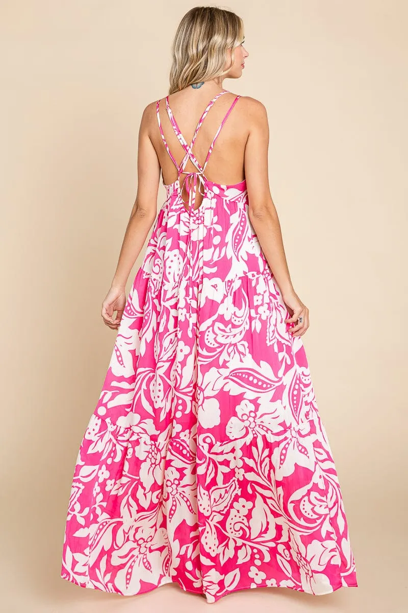 Tropical Print Tiered Satin Maxi Sundress