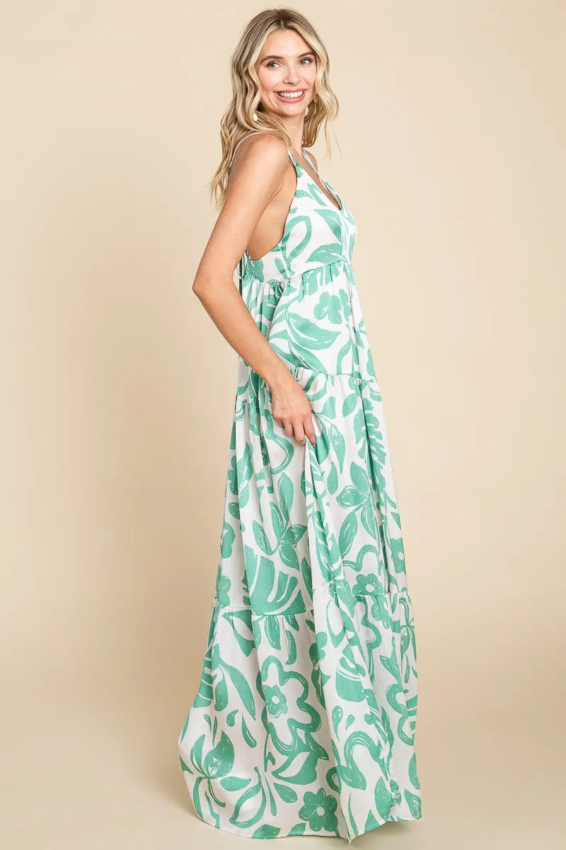 Tropical Print Tiered Satin Maxi Sundress
