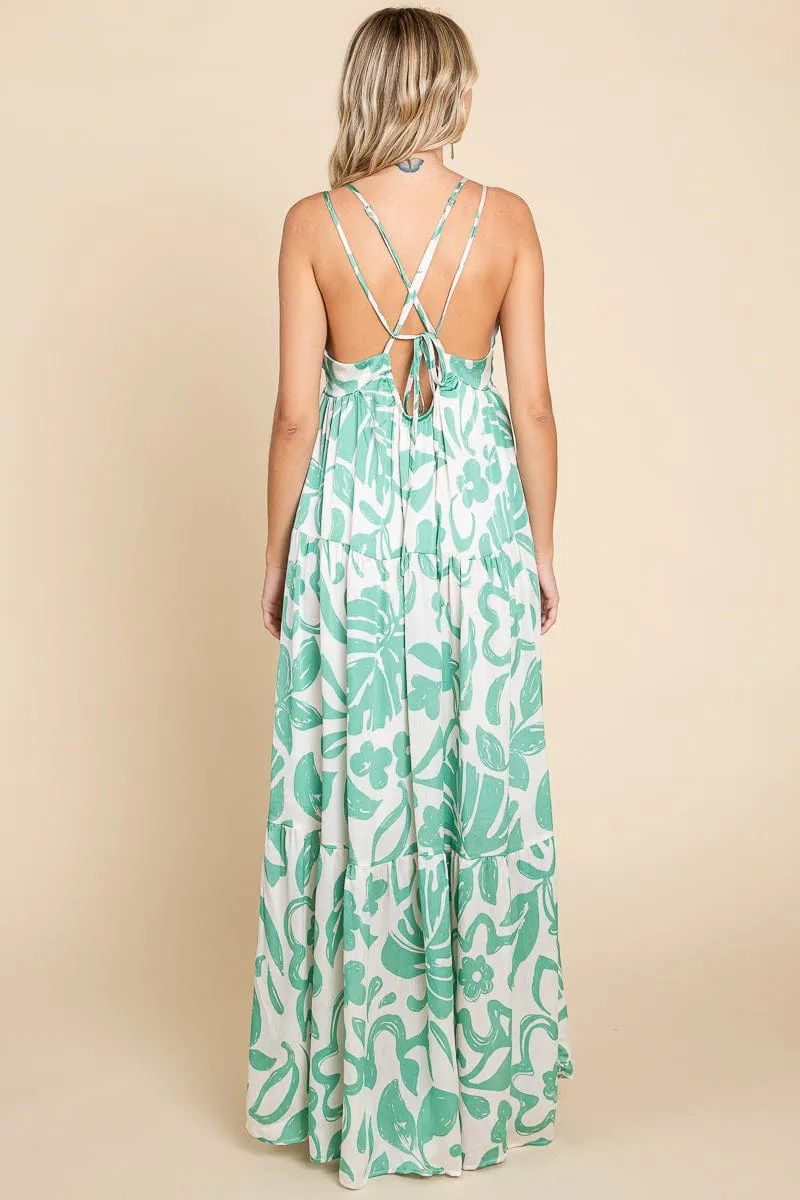 Tropical Print Tiered Satin Maxi Sundress