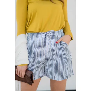 Vertical Button High Waisted Shorts - Navy
