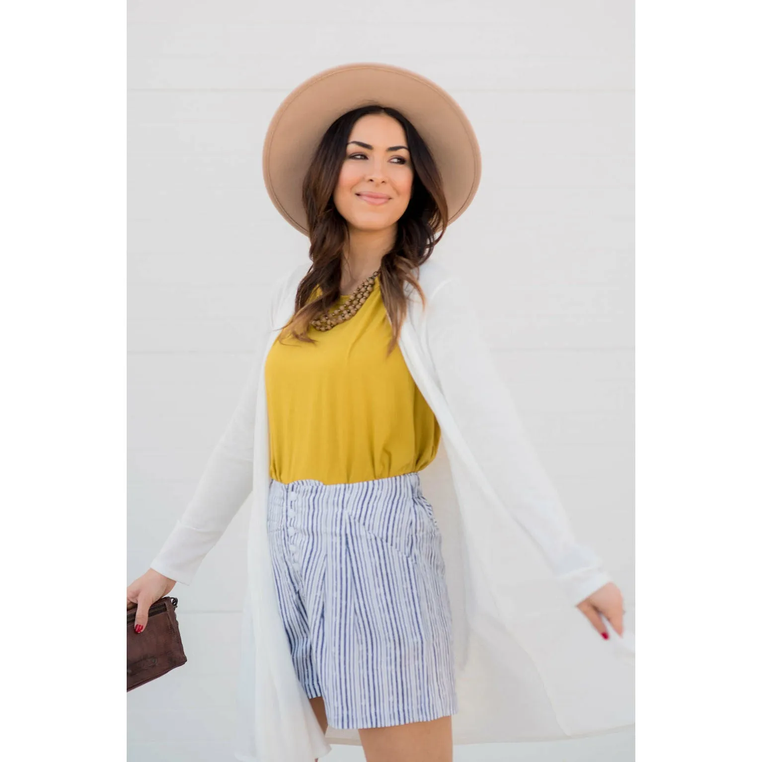 Vertical Button High Waisted Shorts - Navy