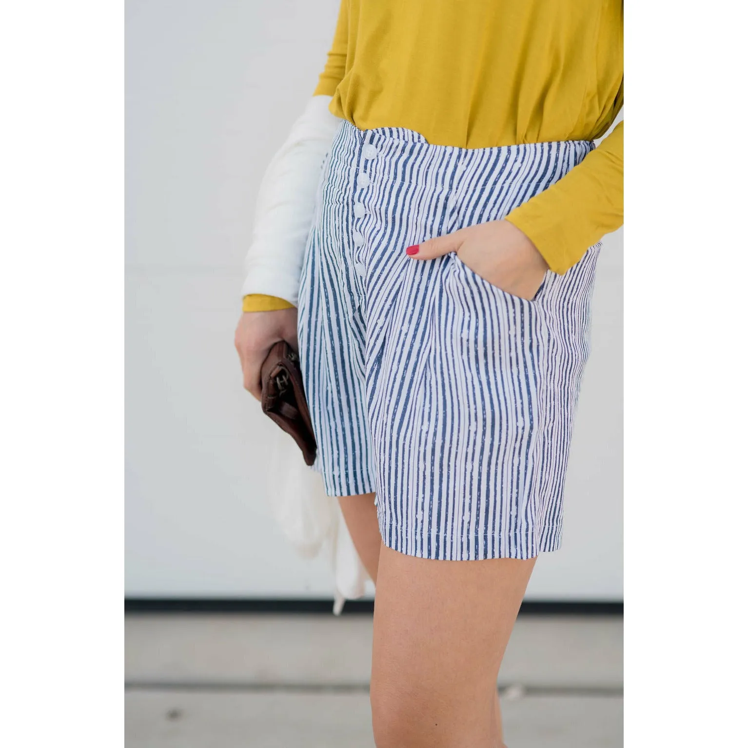 Vertical Button High Waisted Shorts - Navy