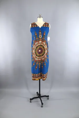 Vintage 1970s Kenya African Dress / Blue Cotton