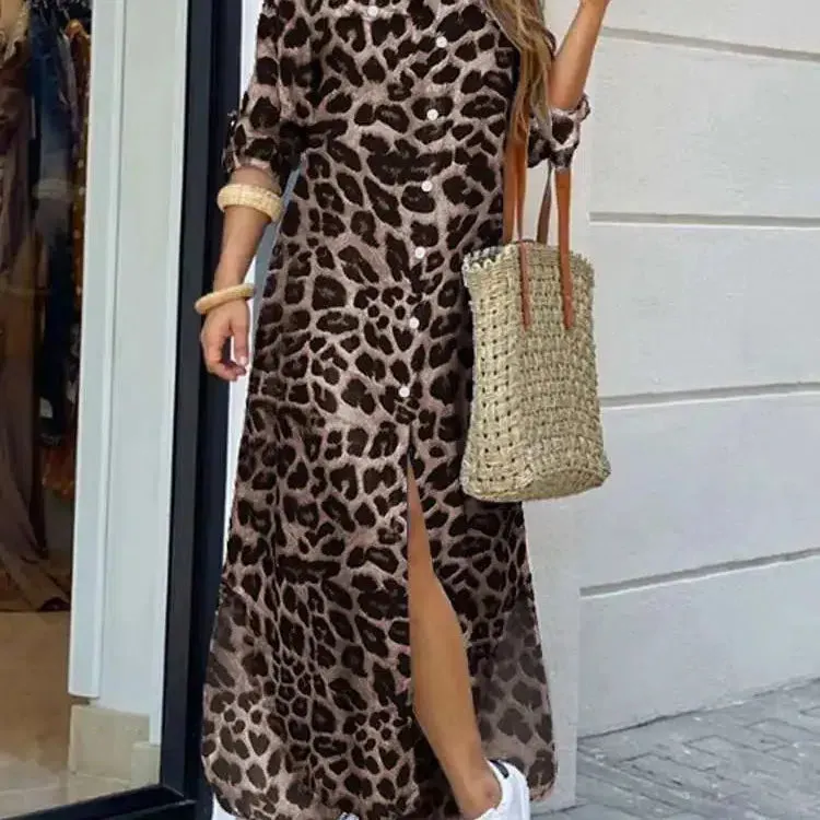 Vintage Leopard Maxi Dress Autumn Long Sleeve Oversized Sundress