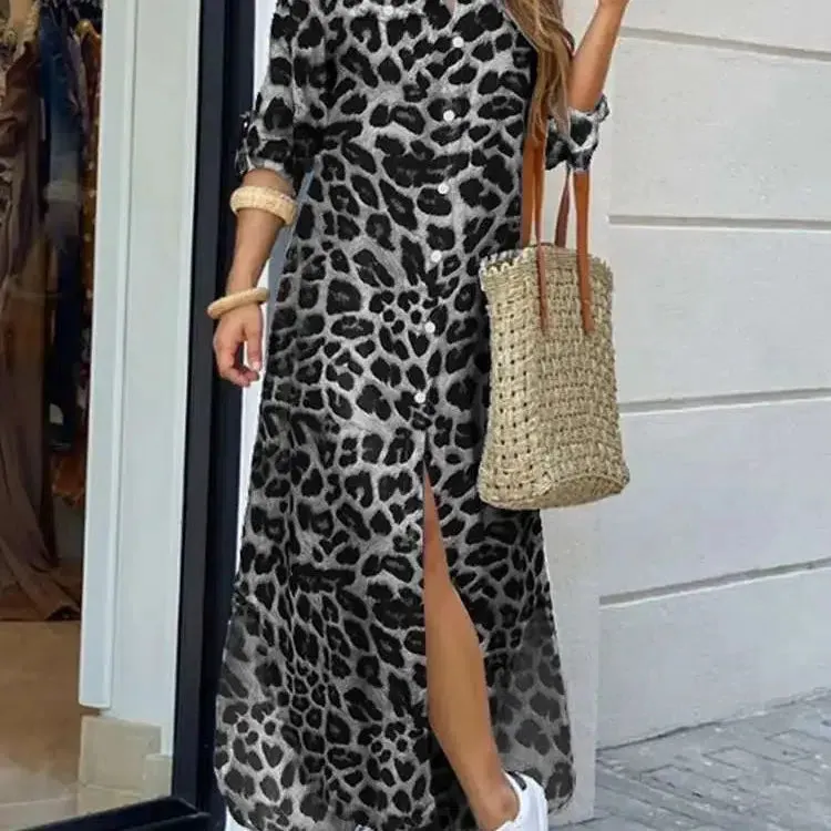 Vintage Leopard Maxi Dress Autumn Long Sleeve Oversized Sundress