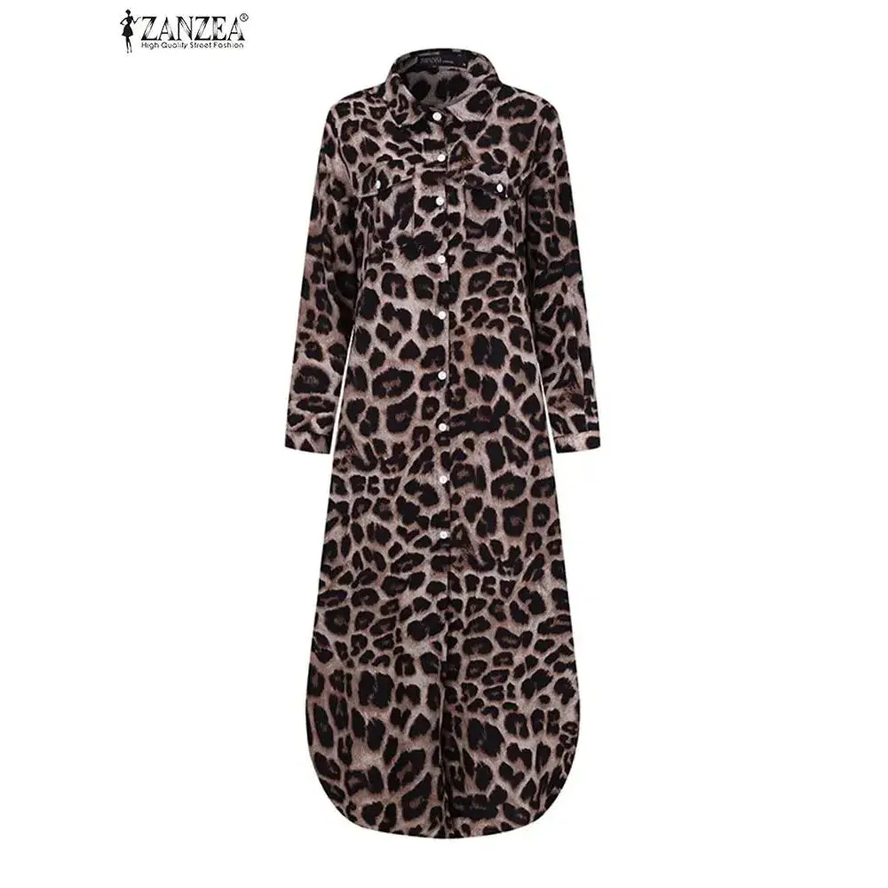 Vintage Leopard Maxi Dress Autumn Long Sleeve Oversized Sundress