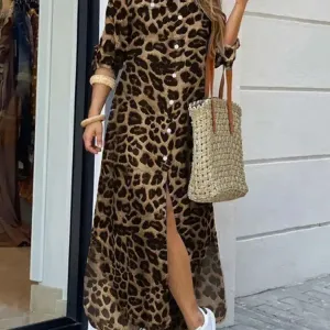 Vintage Leopard Maxi Dress Autumn Long Sleeve Oversized Sundress