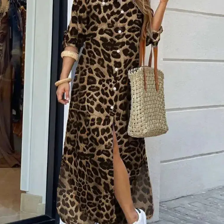 Vintage Leopard Maxi Dress Autumn Long Sleeve Oversized Sundress