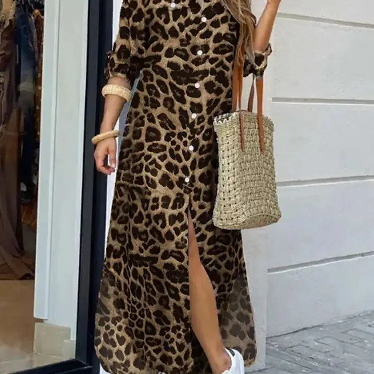 Vintage Leopard Maxi Dress Autumn Long Sleeve Oversized Sundress