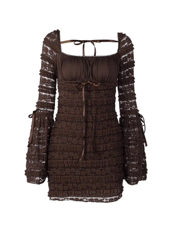 Wenkouban-Christmas Thanksgiving Gift New Year's Eve Dress Solid Multi Layered Lace Square Neck Mini Dress