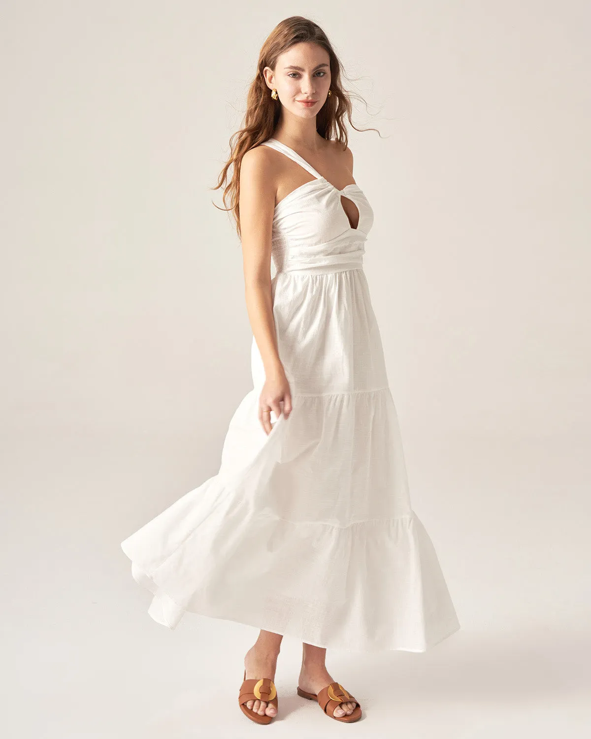 White Ruched One Shoulder Midi Dress