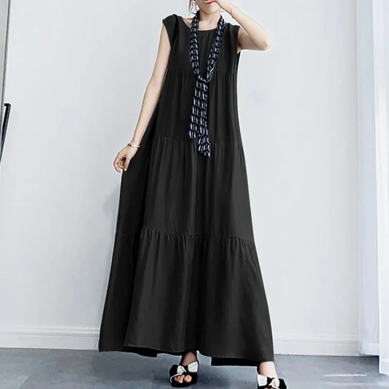 ZANZEA 2023 Stylish Women's Ruffle Sundress Solid Summer Dress Casual Sleeveless Maxi Vestidos Female O neck  Robe Oversized