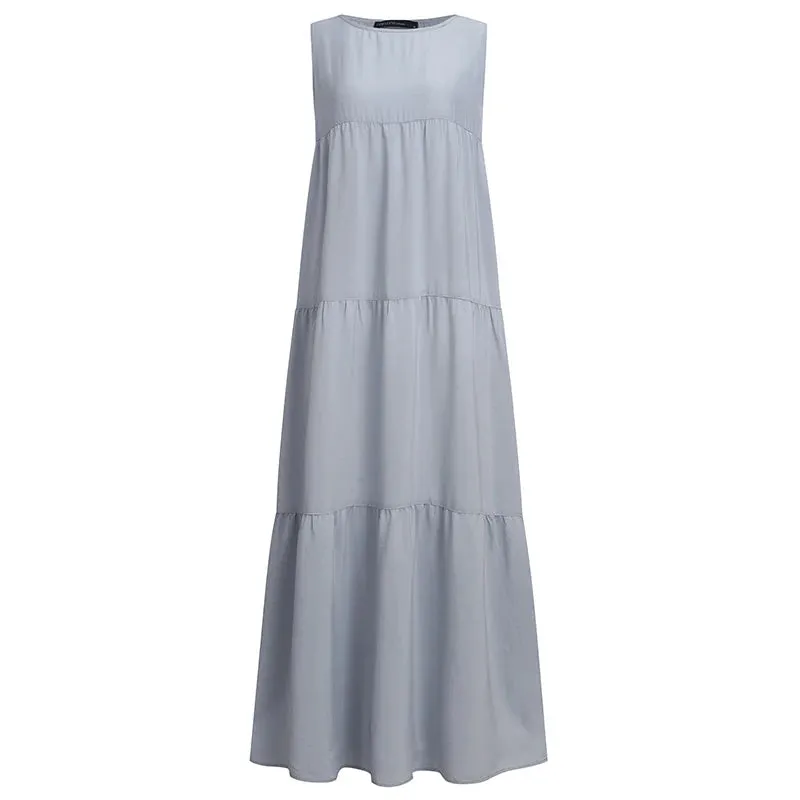 ZANZEA 2023 Stylish Women's Ruffle Sundress Solid Summer Dress Casual Sleeveless Maxi Vestidos Female O neck  Robe Oversized