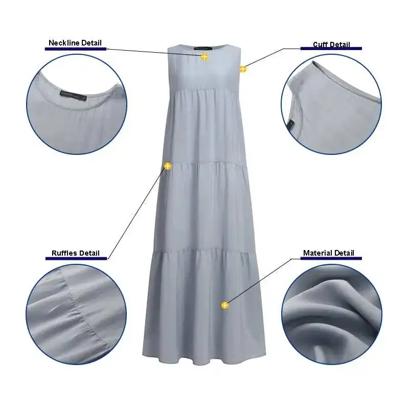 ZANZEA 2023 Stylish Women's Ruffle Sundress Solid Summer Dress Casual Sleeveless Maxi Vestidos Female O neck  Robe Oversized